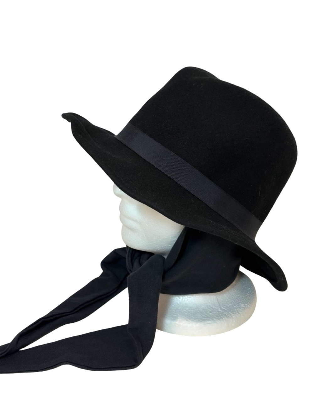 DoeSkin Felt 100% Wool Black Hat w/Scarf Chin Tie USA 21.5" Head Bollman Hat Co.